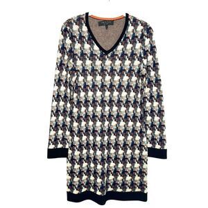 Rag & Bone Mariah Sweater Dress Medium Blue Houndstooth Wool V Neck Long Sleeve